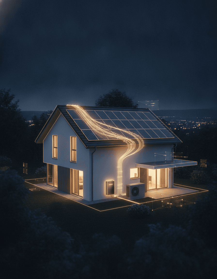 Energetisch saniertes Einfamilienhaus zur blauen Stunde mit Wärmepumpe und warm erleuchteten Fenstern