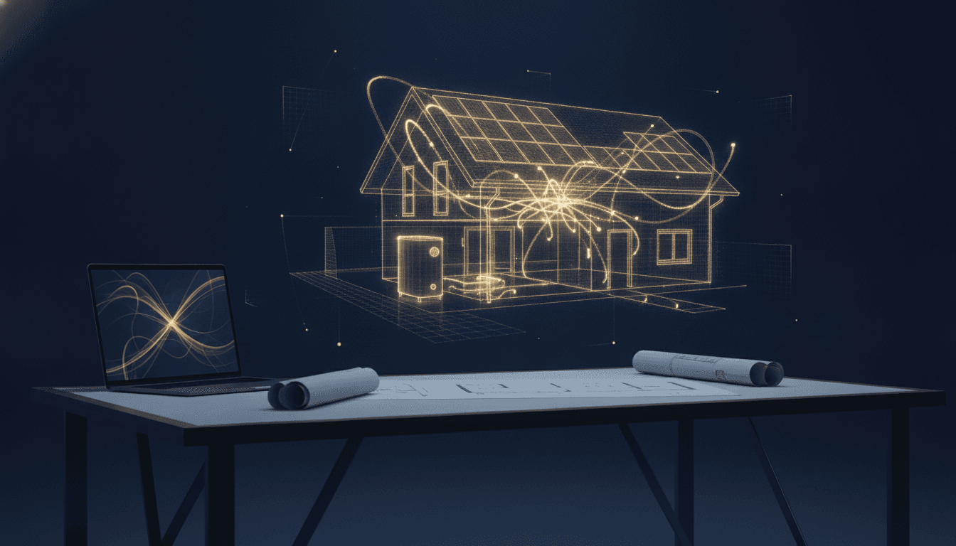 Schreibtisch mit Bauplänen und Laptop mit Energieeffizienz-Auswertung